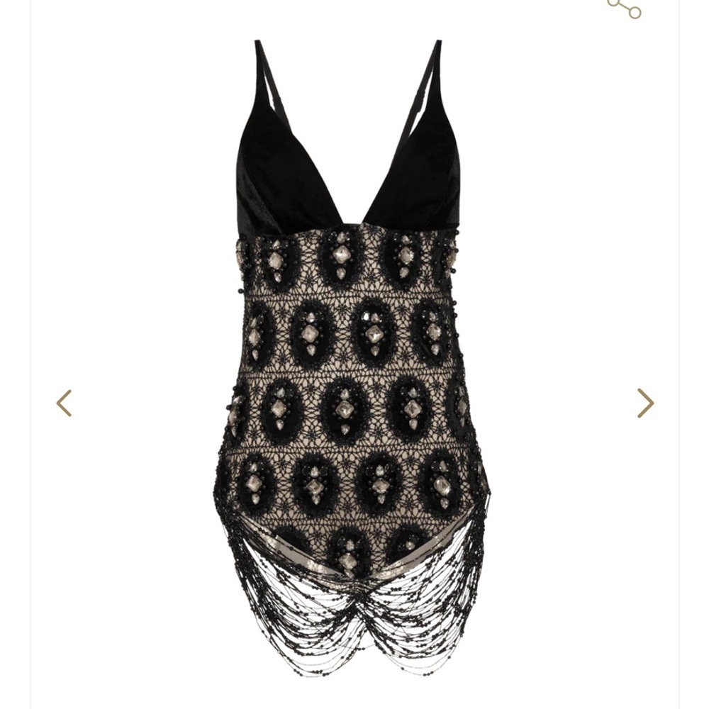NWT PATBO black velvet fringe mini dress hand beaded rhinestone crochet Gatsby - Picture 6 of 16